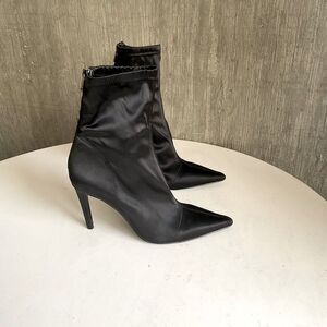 RAYE Bevy Bootie Pointy Toe Heels in Black Satin 7.5/8